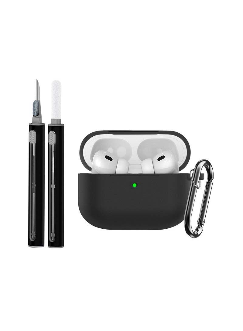 اوراکس AirPods Pro 3 غطاء الحالة مع سلسلة المفاتيح ومجموعة التنظيف ، إكسسوارات سماعات الرأس ، مادة السيليكون ، السيليكون الناعم الوقائي الكامل ، مناسبة للنساء والرجال (أسود) - Image 1